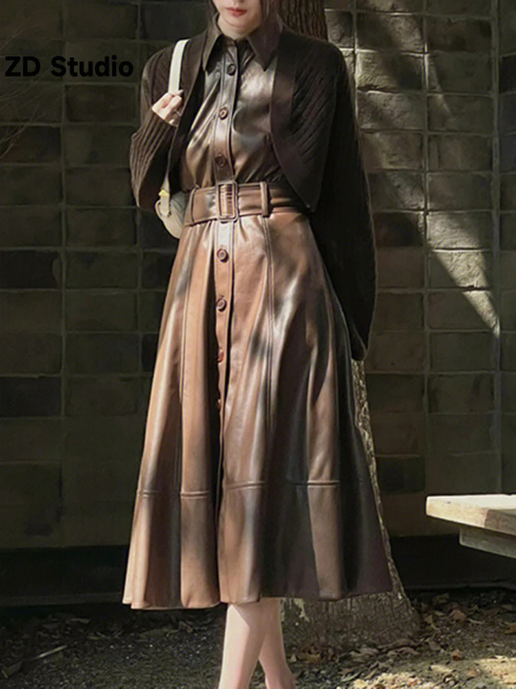 

[ZD Studio] Vintage 2 Pieces Sets Leather Sleeveless Single Breasted Dress Knitting Short Long Sleeves Coat 2023 Autumn New