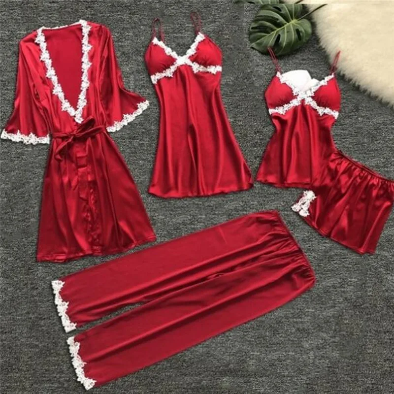 

2022 Women Satin Sleepwear 5 Pieces Pyjamas Sexy Lace Pajamas Sleep Lounge Pijama Silk Night Home Clothing Pajama Suit