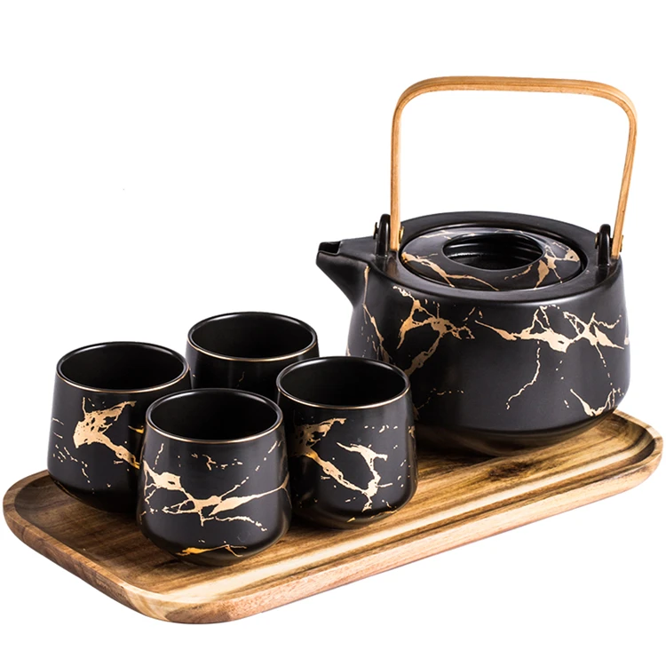 

Elegant teaware fancy design bamboo handle teapot black ceramic marble tea set with bamboo tray