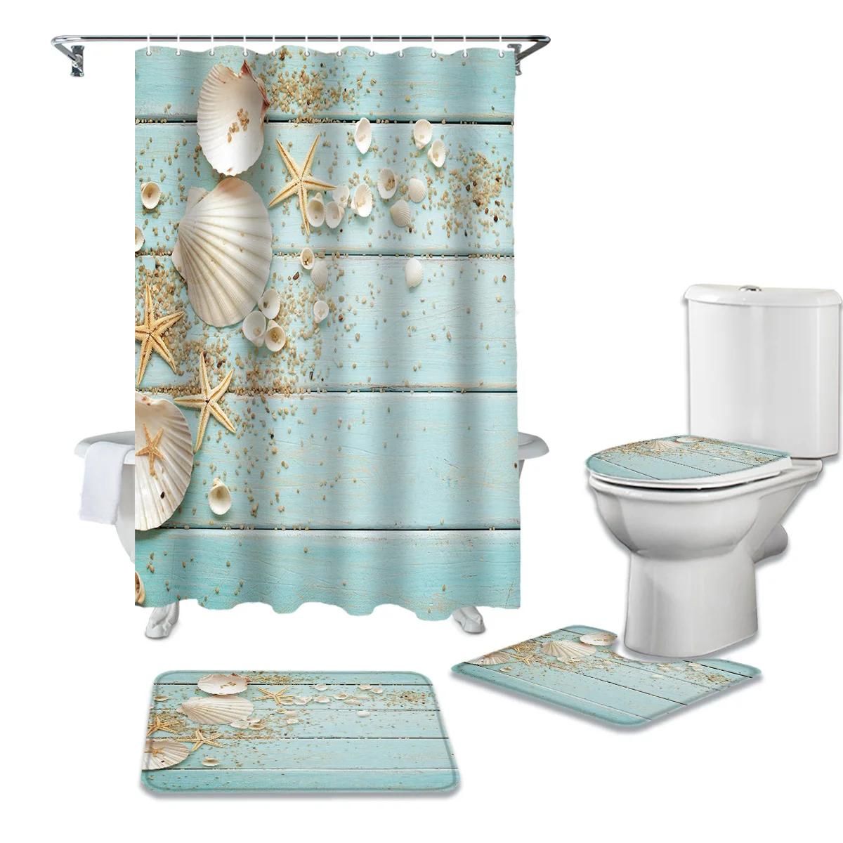 

Деревянная доска Ракушки Морская звезда Водонепроницаемая занавеска для душа набор нескользящий коврик для ванной Крышка для туалета зана...
