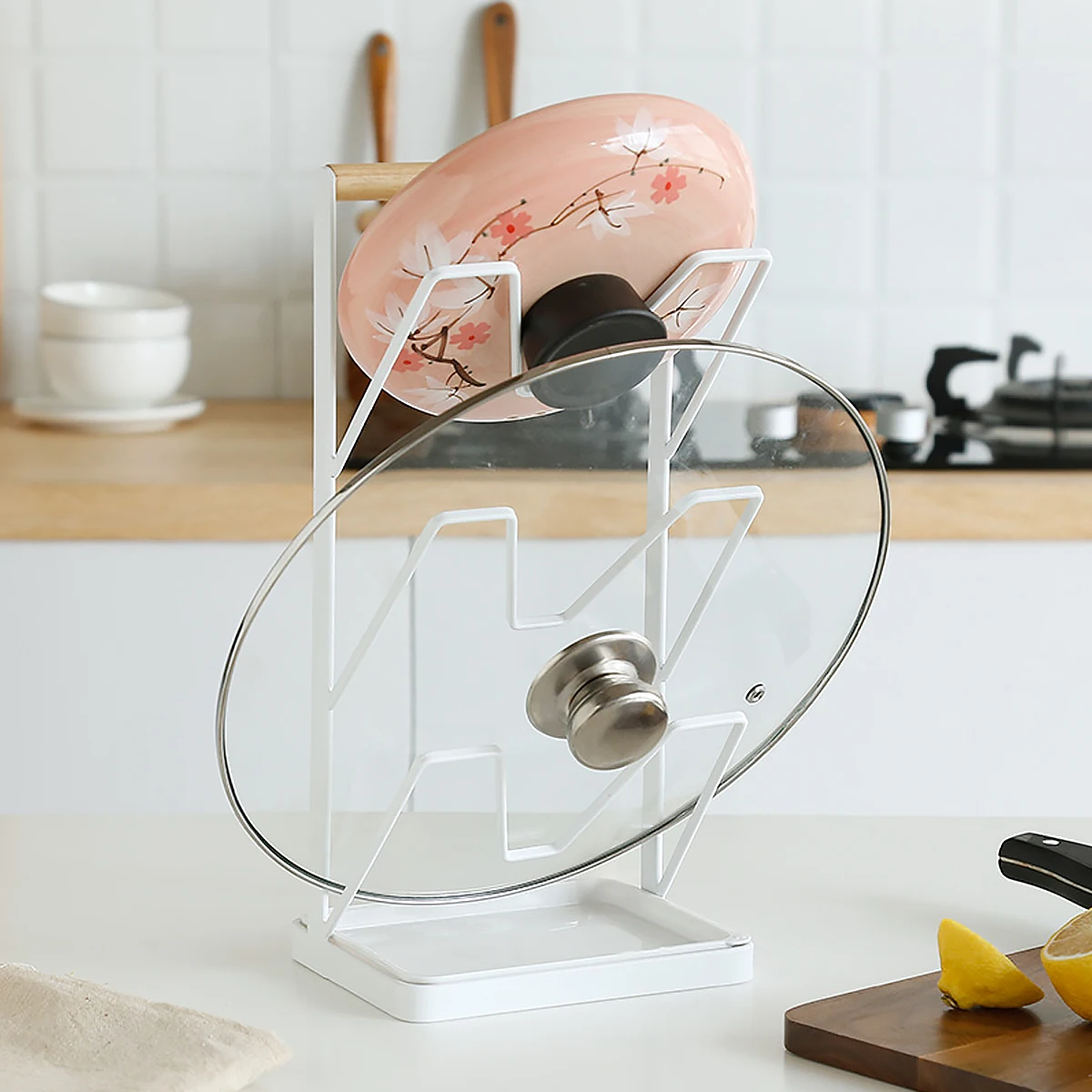 

Pot Lid Holders 3-Layer Pot Lid Rack Steel Frame Lid Stand with Removable Drain Tray Lid Storage Organizer Kitchen Tools