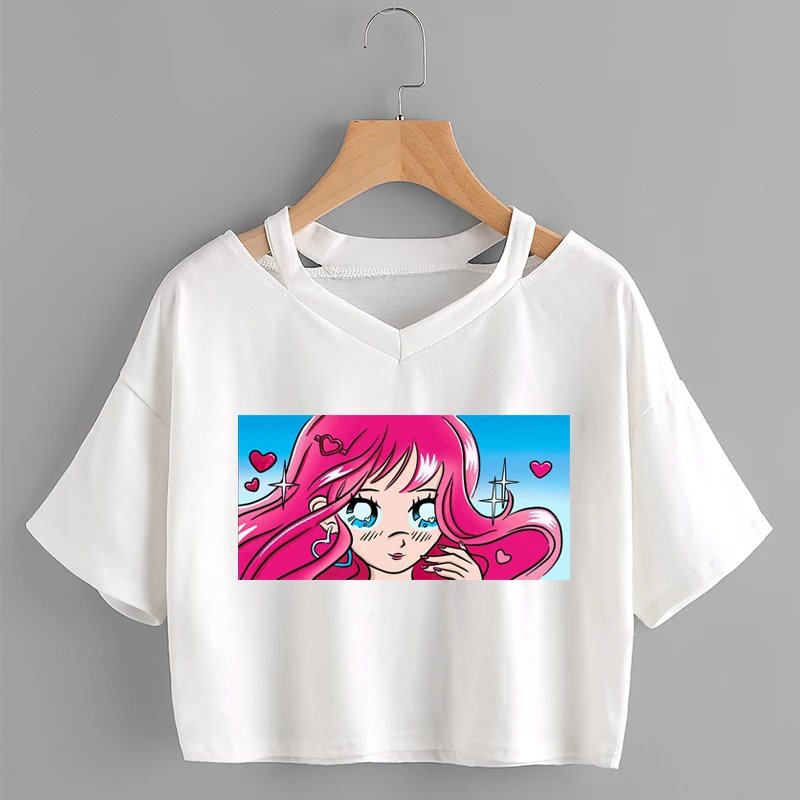 

Anime Cartoon print T-shirt Women Clothes Japanese Manga Harajuku Crop Top Female Gothic V-neck Short Tee Streetwear Kawaii Y2K