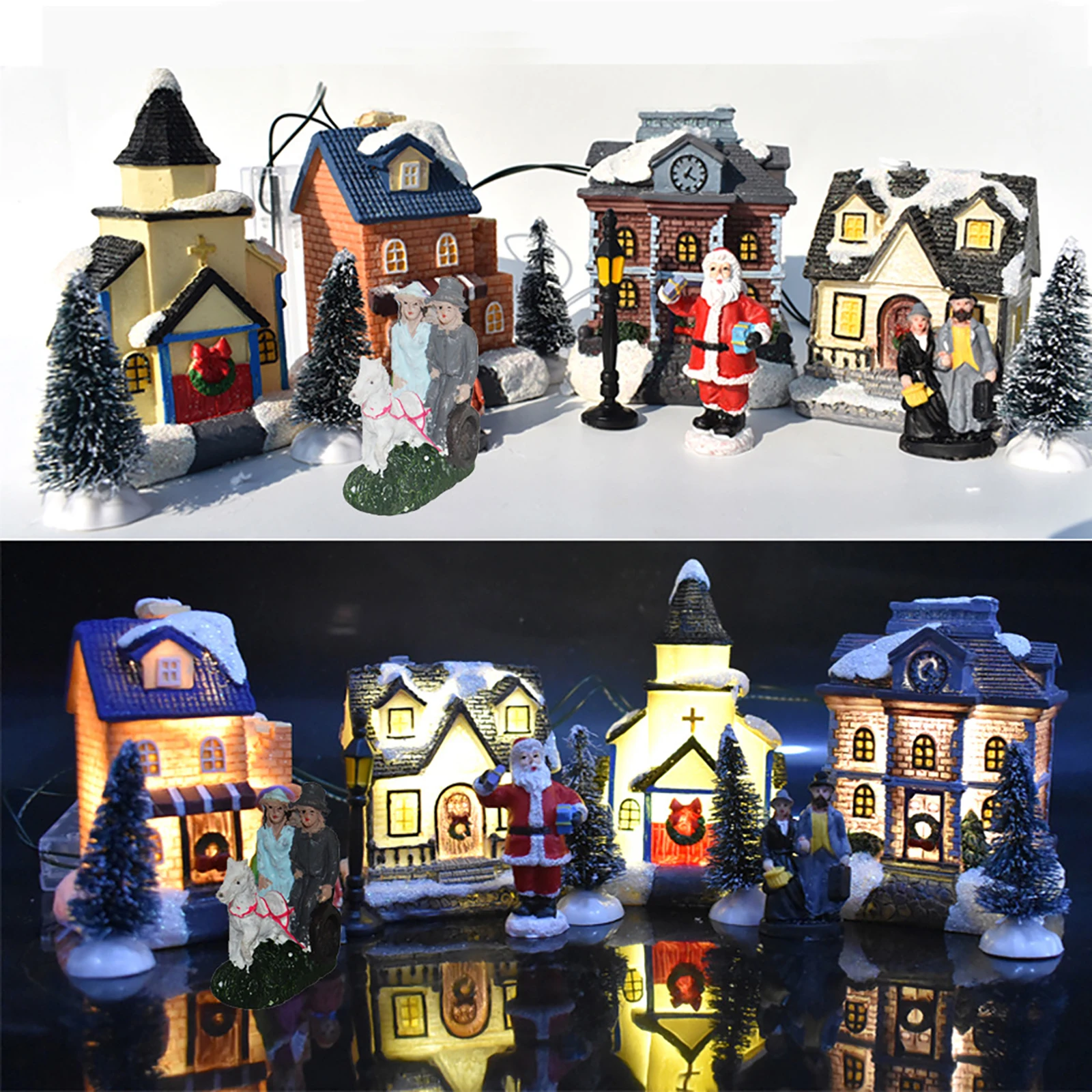

10pcs Christmas Village Houses Figurines Animated LED Light Christmas House Sculpture Landscape Miniature Xmas Desktop Decor