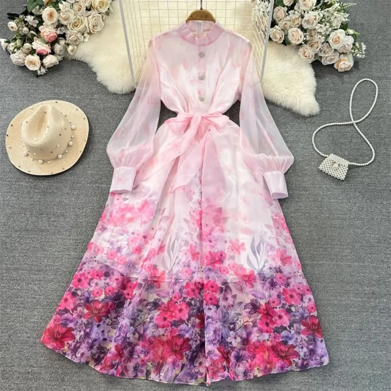 

Mid-Length Women Vintage Flower Print Organza Dress With Sashes Lantern Long Sleeve Stand Collar Summer Ladies Dresses Vestidos
