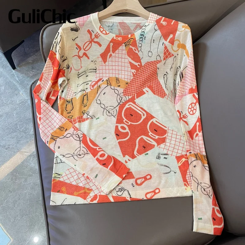 

8.14 GuliChic Fashion Geometric Pattern Spliced Print O-Neck Long Sleeve Slim Wool Kintted T-Shirt Women