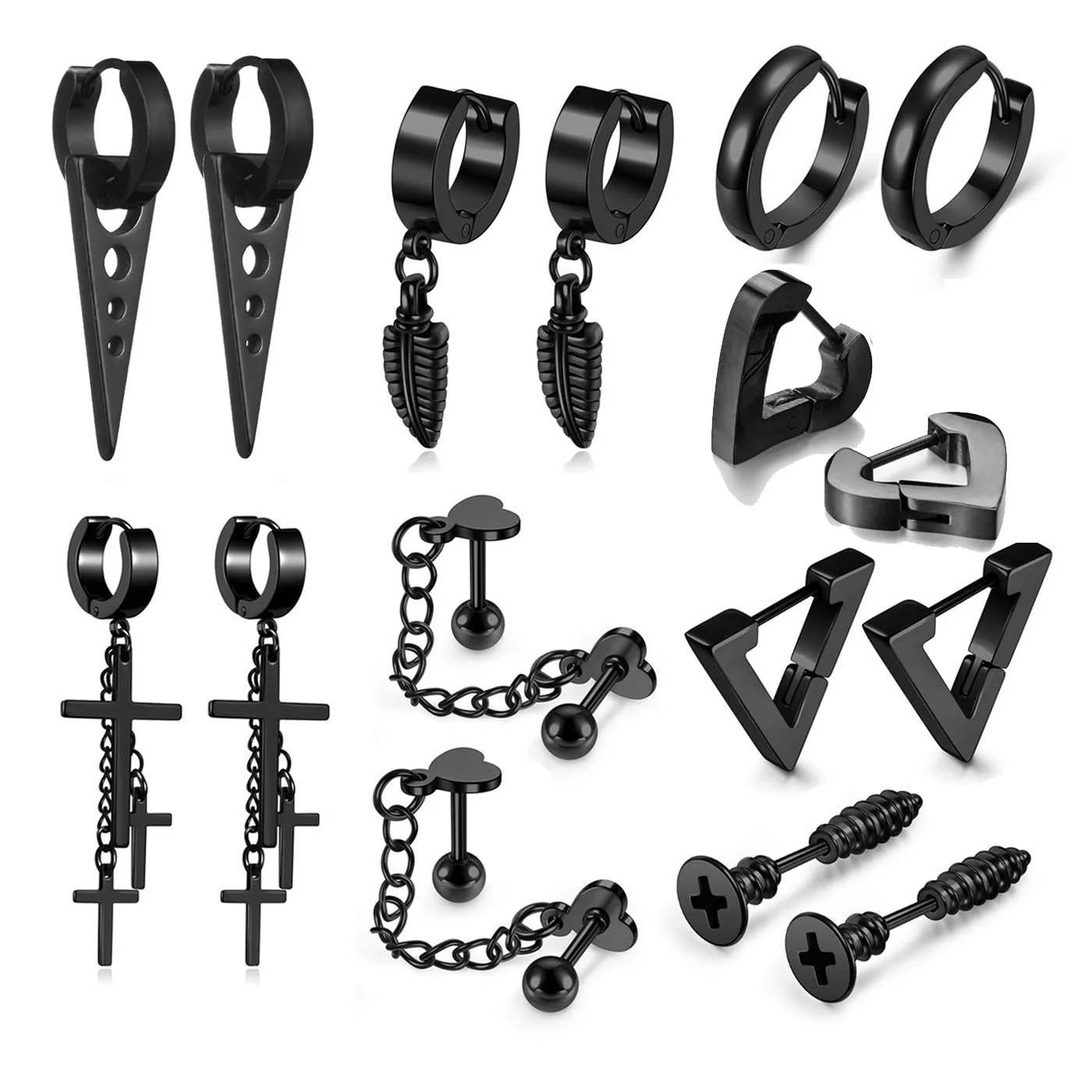 

8 Pairs Earrings for Men Black Earrings Stud Stainless Steel Cross Dangle Chain Huggie Hinged Hoop Earrings Set Piercing Jewelry