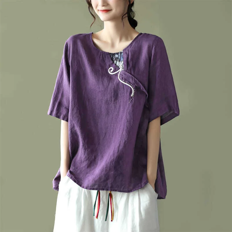 

Women Summer Vintage Shirts New Embroidery O Neck Short Sleeve T Shirt Women's Loose Cotton Blouse Harajuku Tops Blusas Mujer