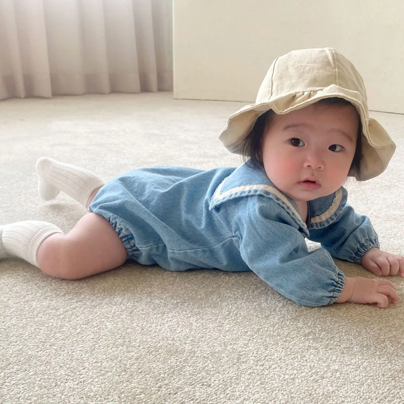 Baby Summer Short Sleeve Denim Bodysuit Infant Boy Navy Collar Jumpsuit Little Girl Denim Clothes Toddler Onesie