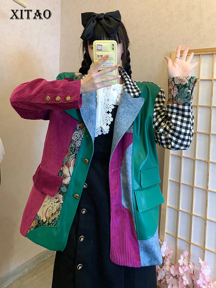 

XITAO Print Pattern Blazer Fashion Pocket Patchwork Small Fresh Minority Elegant Single Breast Goddess Fan Blazer Coat WMD7265