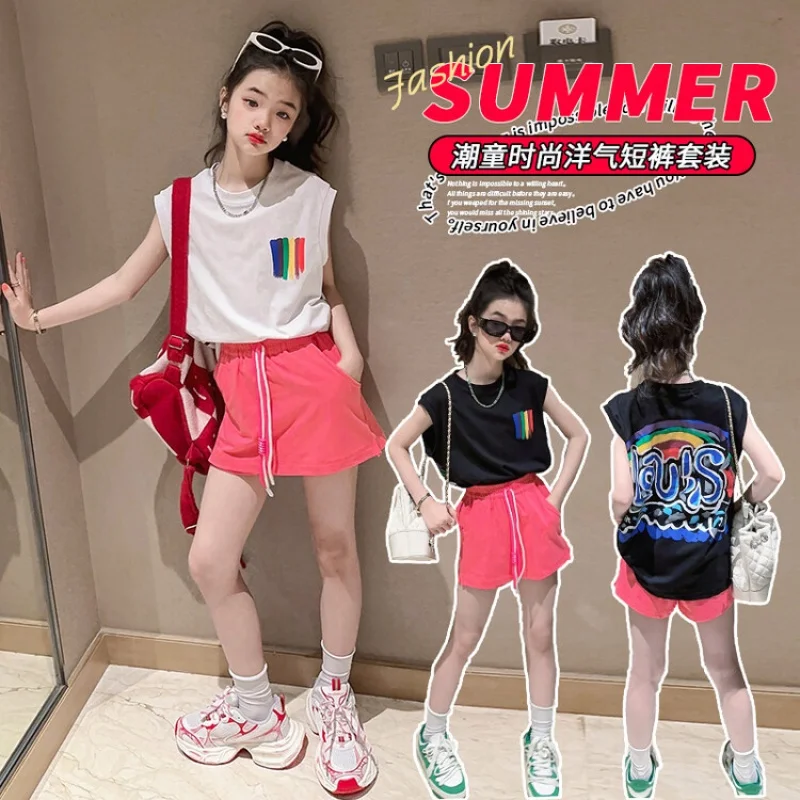 

Летний костюм для девочек, Модный повседневный комплект из 2 предметов, бесплатная доставка, женская одежда в Корейском стиле для девочек-подростков, новинка 2023 года