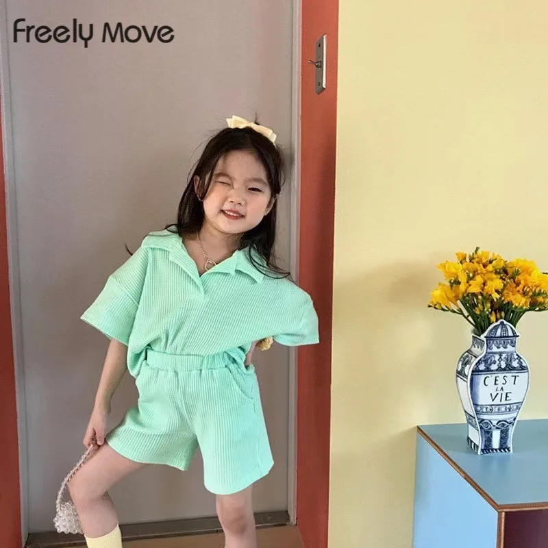 

Freely Move Baby Boy Solid Summer Clothes Sports Suit Cotton Lapel Kids Clothes Girls Short Sleeve Shirt + Shorts Two-piece Set