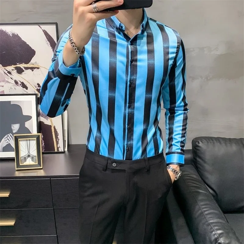 

British Style Long-sleeved Plaid Shirt Slim Camisa Social Masculina Korean Trend Brand Fashion Striped Print Shirts For Men