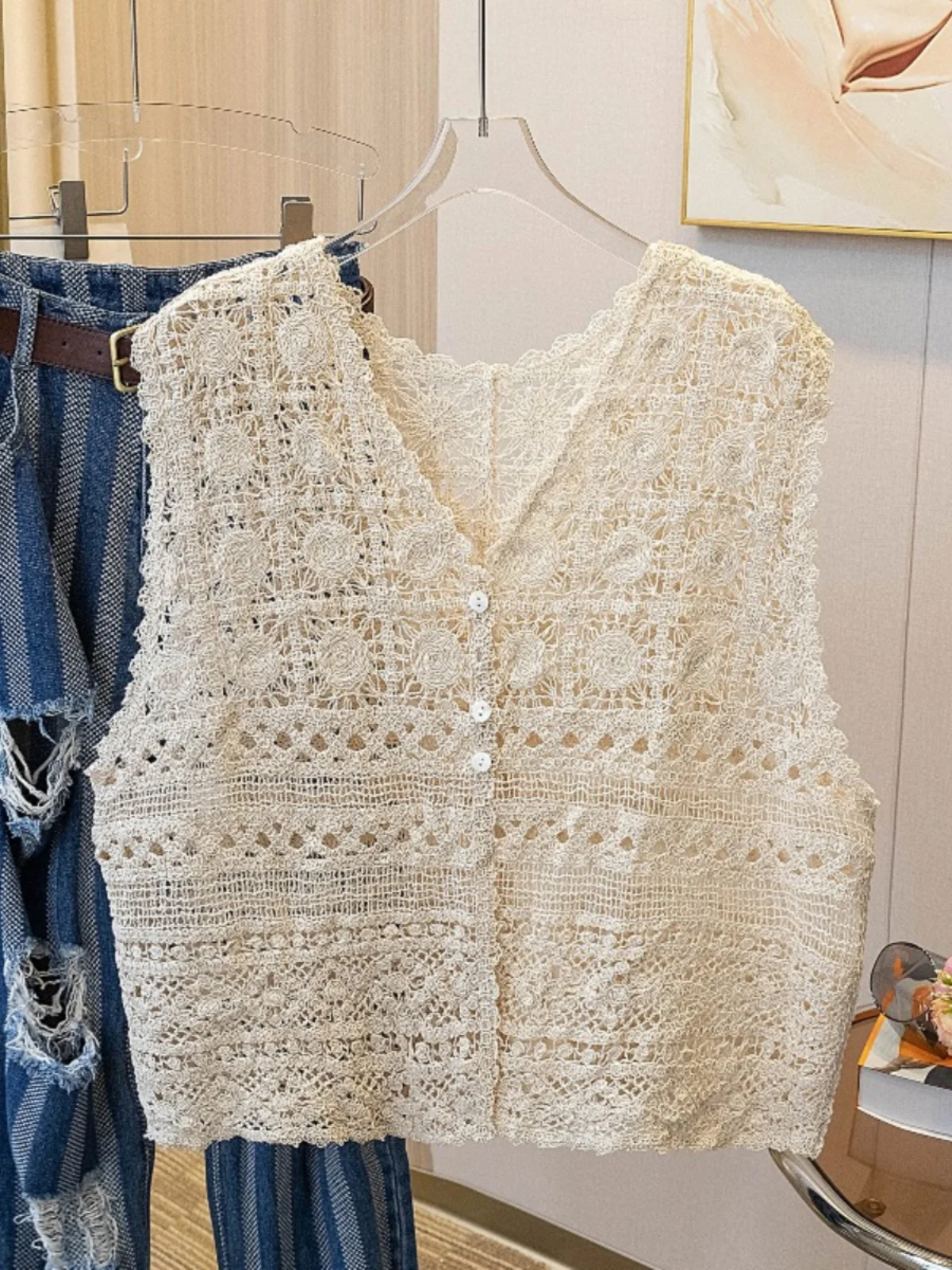 Женский короткий жилет с цветочным узором вязаный кардиган крючками и V-образным