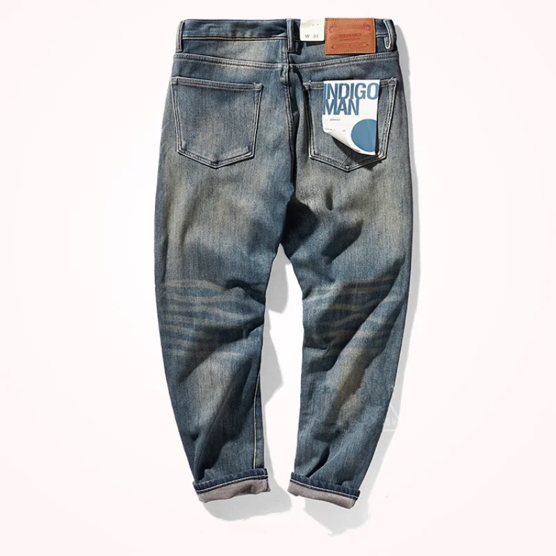 Plush jeans men's winter thickened warm denim pants comfortable elastic worn tapered small straight pants men's