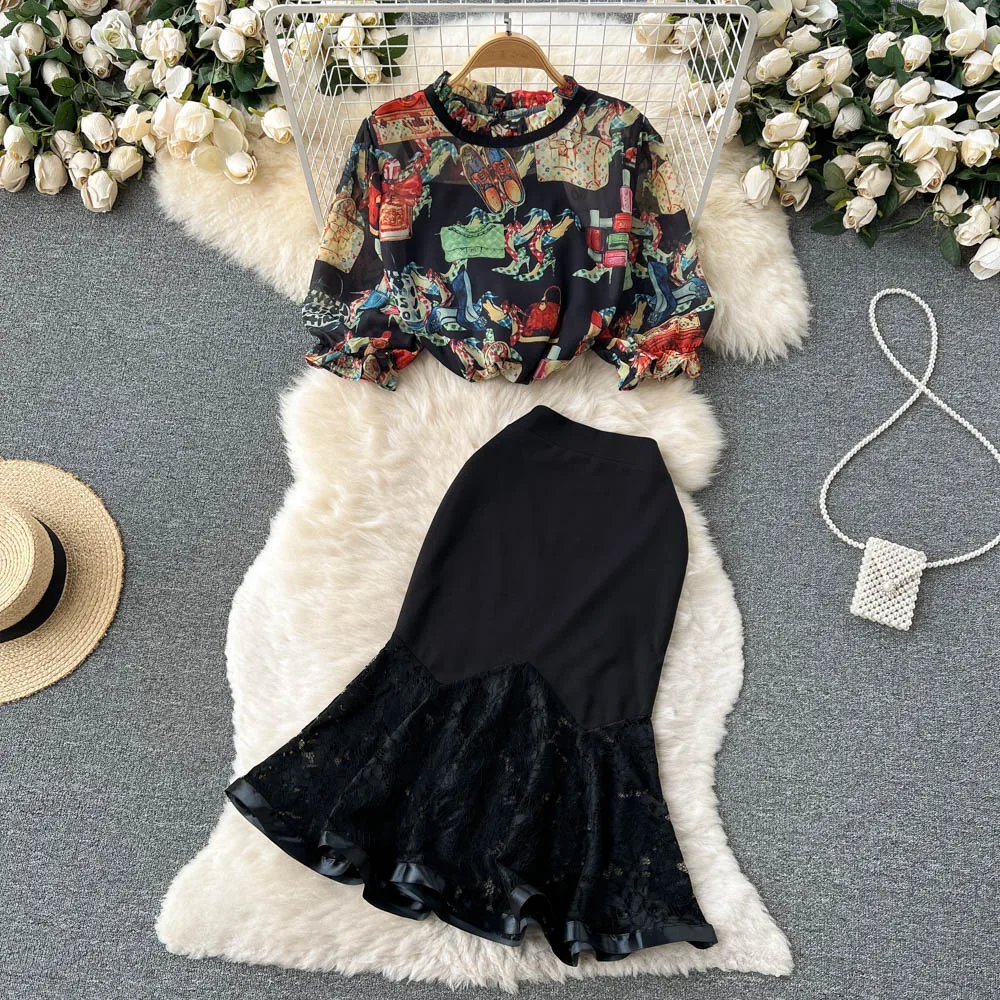 

Summer 2022 New Pattern Print Thin Chiffon Top High Waist Stitching Lace Fishtail Skirt Two-Piece Set