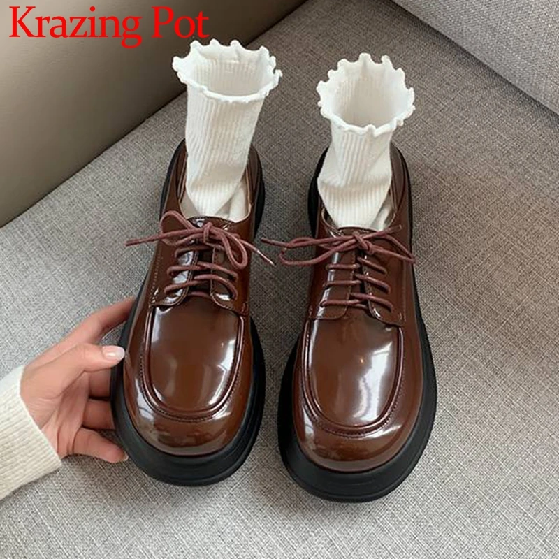 

Krazing Pot Cow Split Leather Round Toe All-match Med Heels Platform Loafers Shoes Lace-up Preppy Style Cozy Causal Maiden Pumps