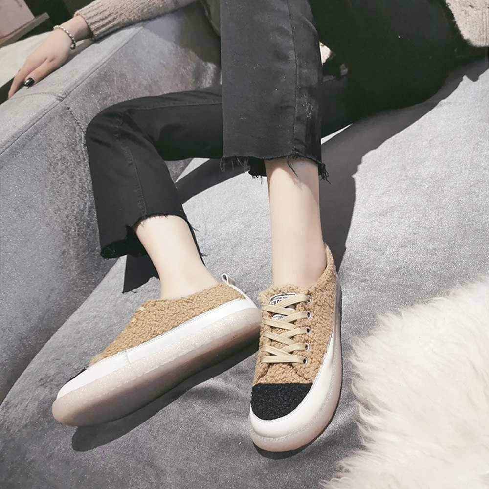 Colors Block Curly Fur Students Shoes Girls Cross Band Soft Soled Sneakers Women Winter Patchwork Lambs Fur Cotton Shoes Woman