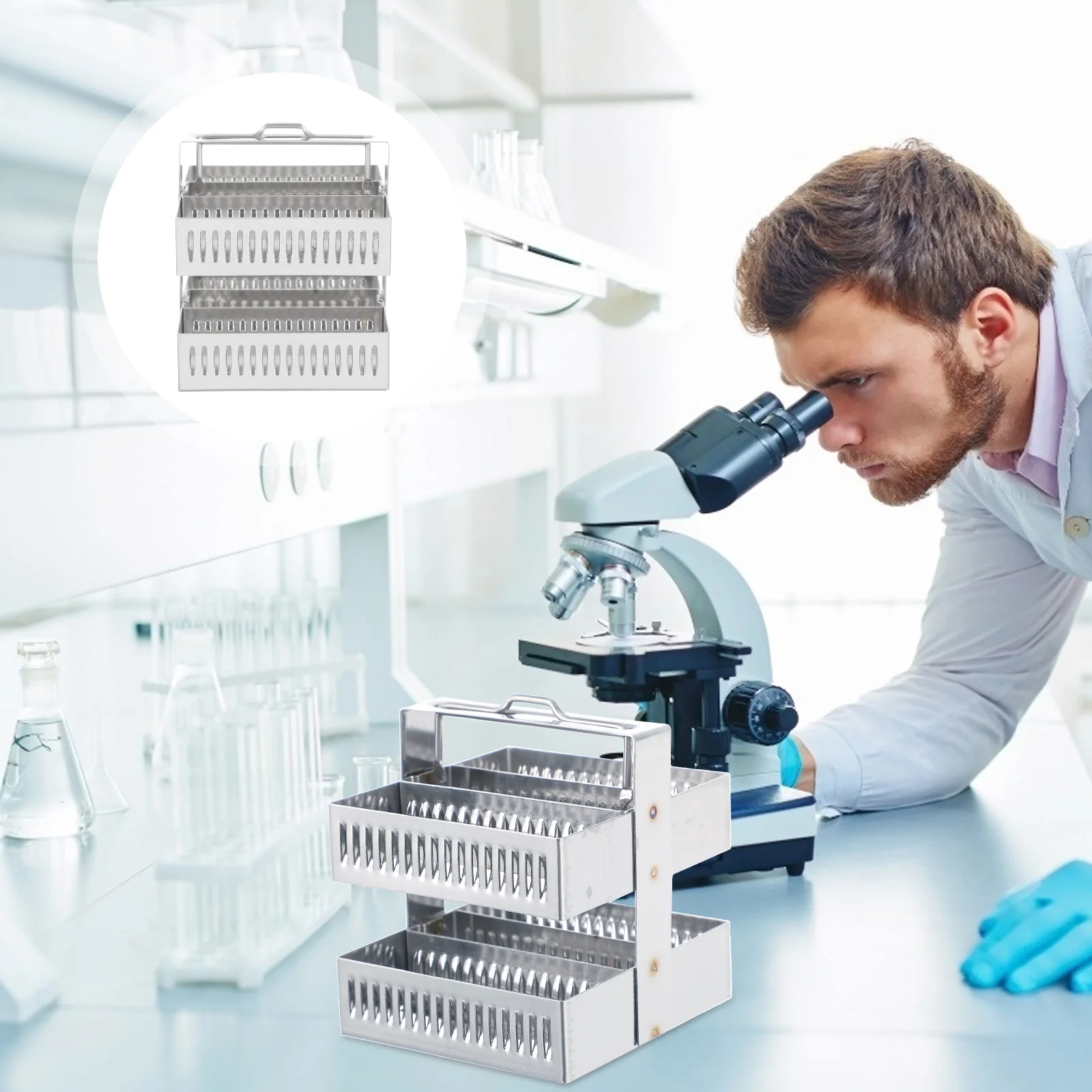 

Dyeing Rack Stainless Steel Glass Slides Holder Microscope Shelf Brackets 30 Positions Staining