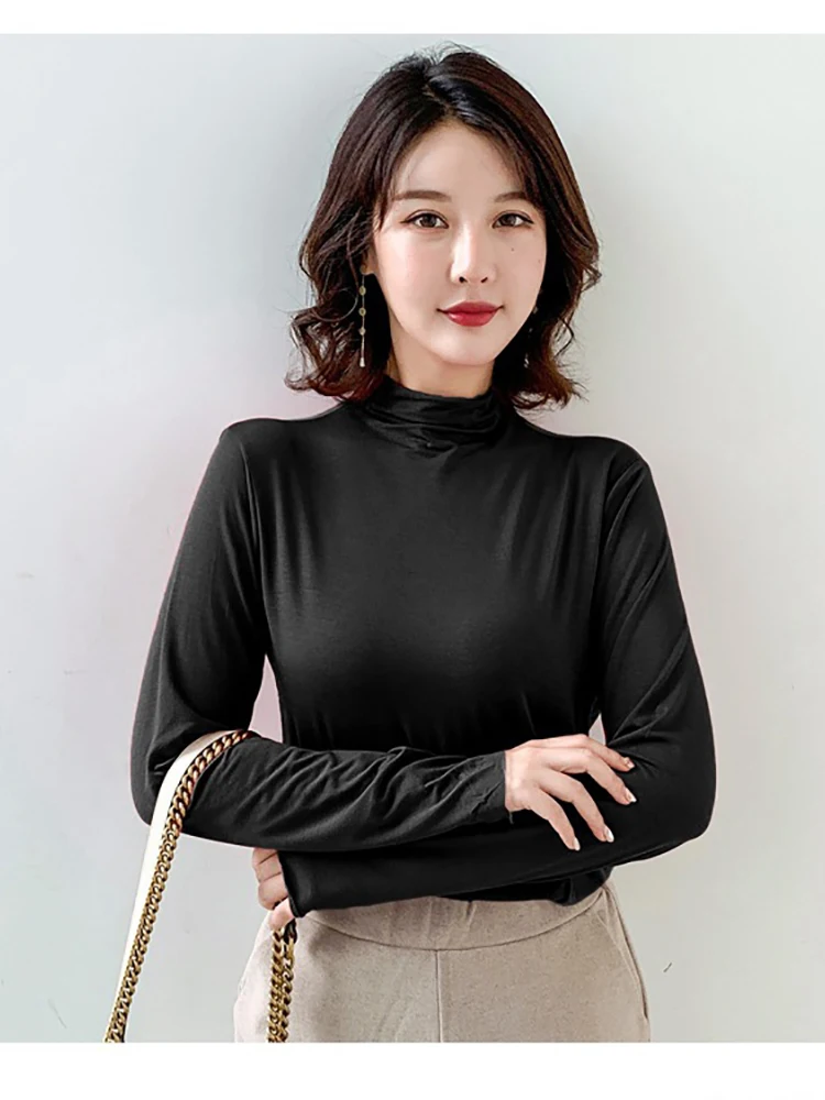 

Осенне-зимняя женская Приталенная футболка с высоким воротником и длинным рукавом, тонкие эластичные корейские Простые Топы, Женская однот...
