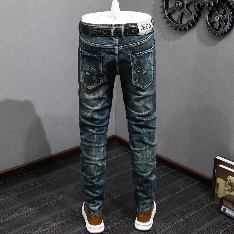 Fashion Designer Men Jeans High Quality Retro Blue Elastic Slim Fit Ripped Jeans Men Vintage Trousers Casual Denim Pants Hombre