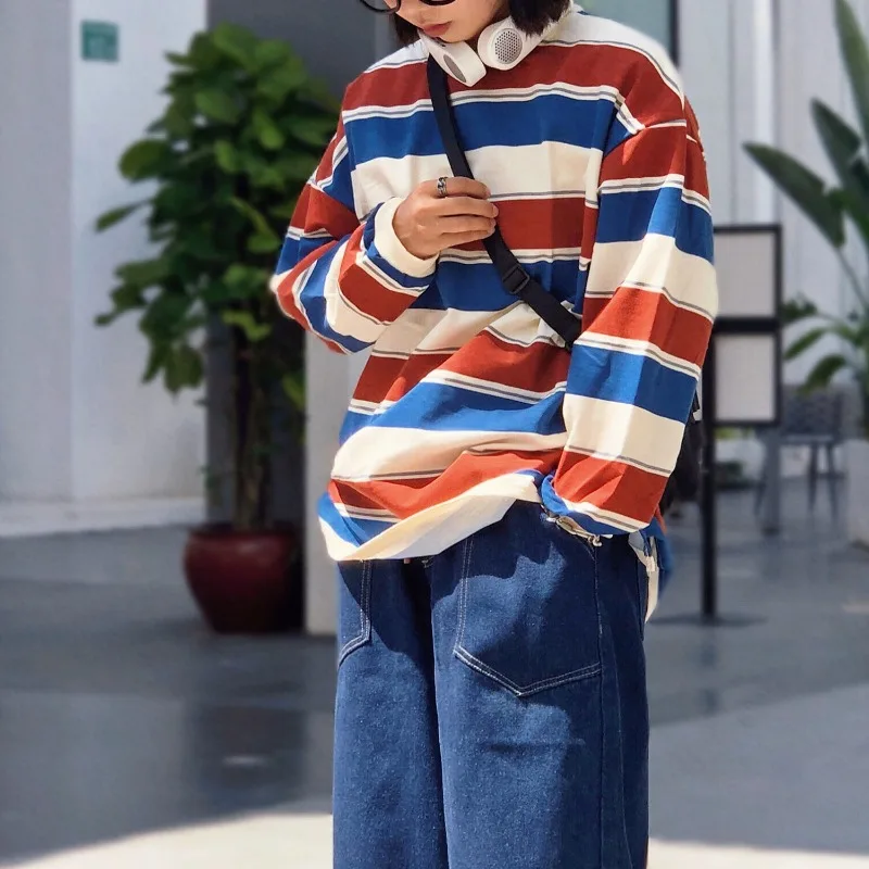

ZCSMLL Japanese style striped long-sleeved t-shirt men's spring autumn all-match trend couple clothes ins tide loose shirt