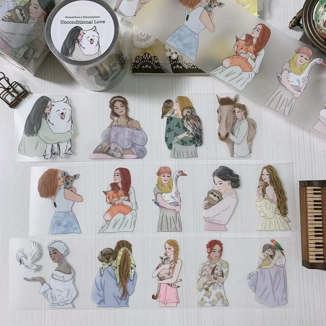 

Lovely Piscoletters Unconditional Love Girl PET Tape for Planner Card Making DIY Scrapbooking Plan Decorative Sticker