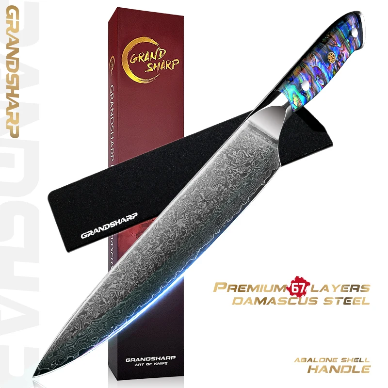 Grandsharp coltello da cuoco damasco da 8 pollici coltelli da cucina in acciaio inossidabile giapponese taglierina per affettare carne di pesce con manico a conchiglia Abalone