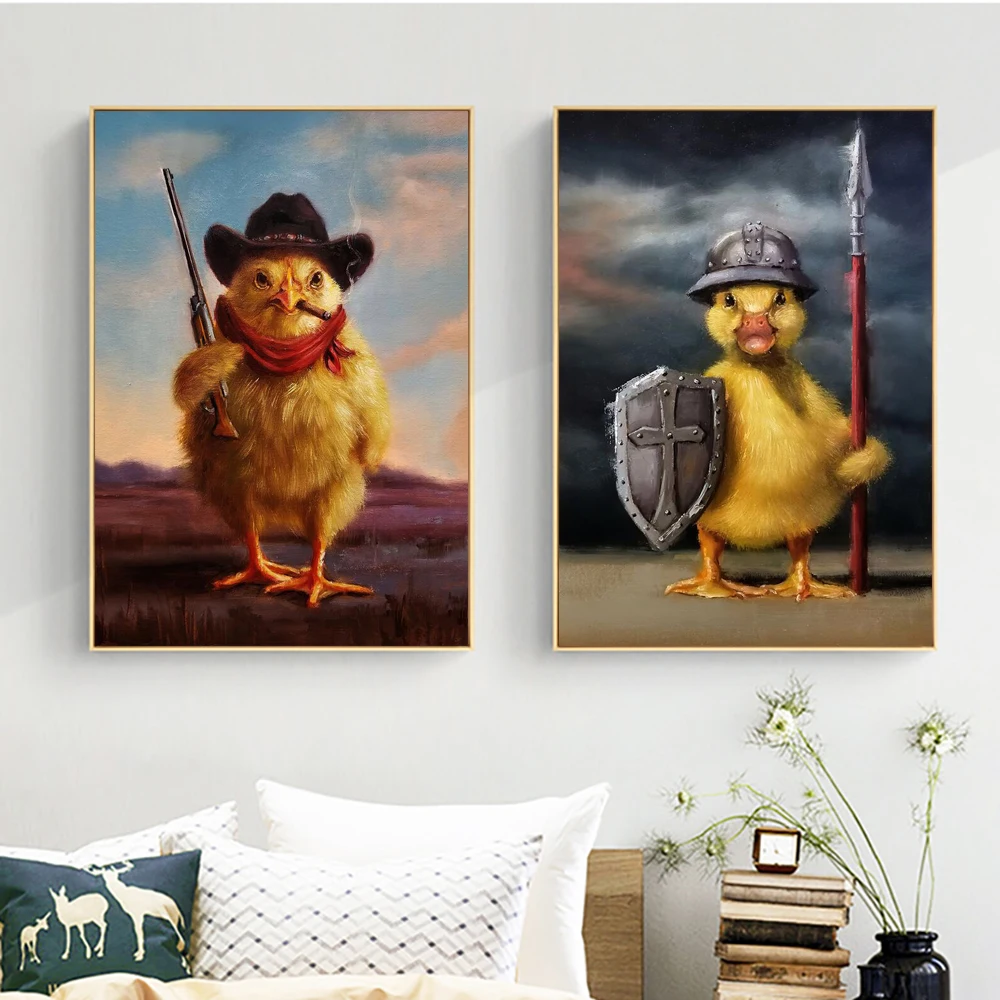 

Cute Chicken Cowboy Soldier Canvas Prints Home Decor Funny Animal Retro Wall Art Poster Painting for Living Room Mural Pictures
