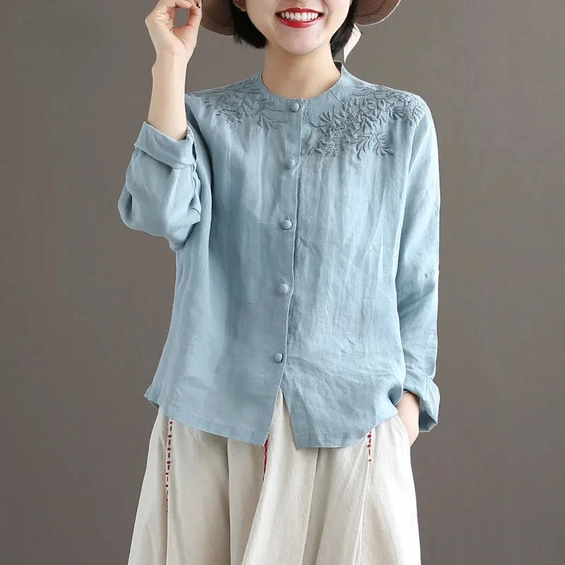 

Japanese Blue Red White Shirt Women O Neck Long Sleeve Button Up Blouse Casual Clothing Spring Fall Embroidery Breathable Tops