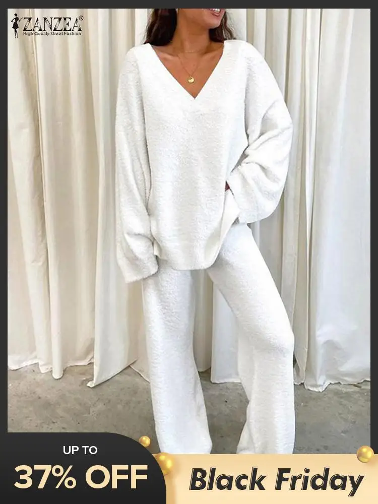 

ZANZEA Oversized Sets 2PCS Elegant Woman V Neck Blouses Traksuits Long Sleeve Tops and Elastic Waist Pants Female Solid Top 2023