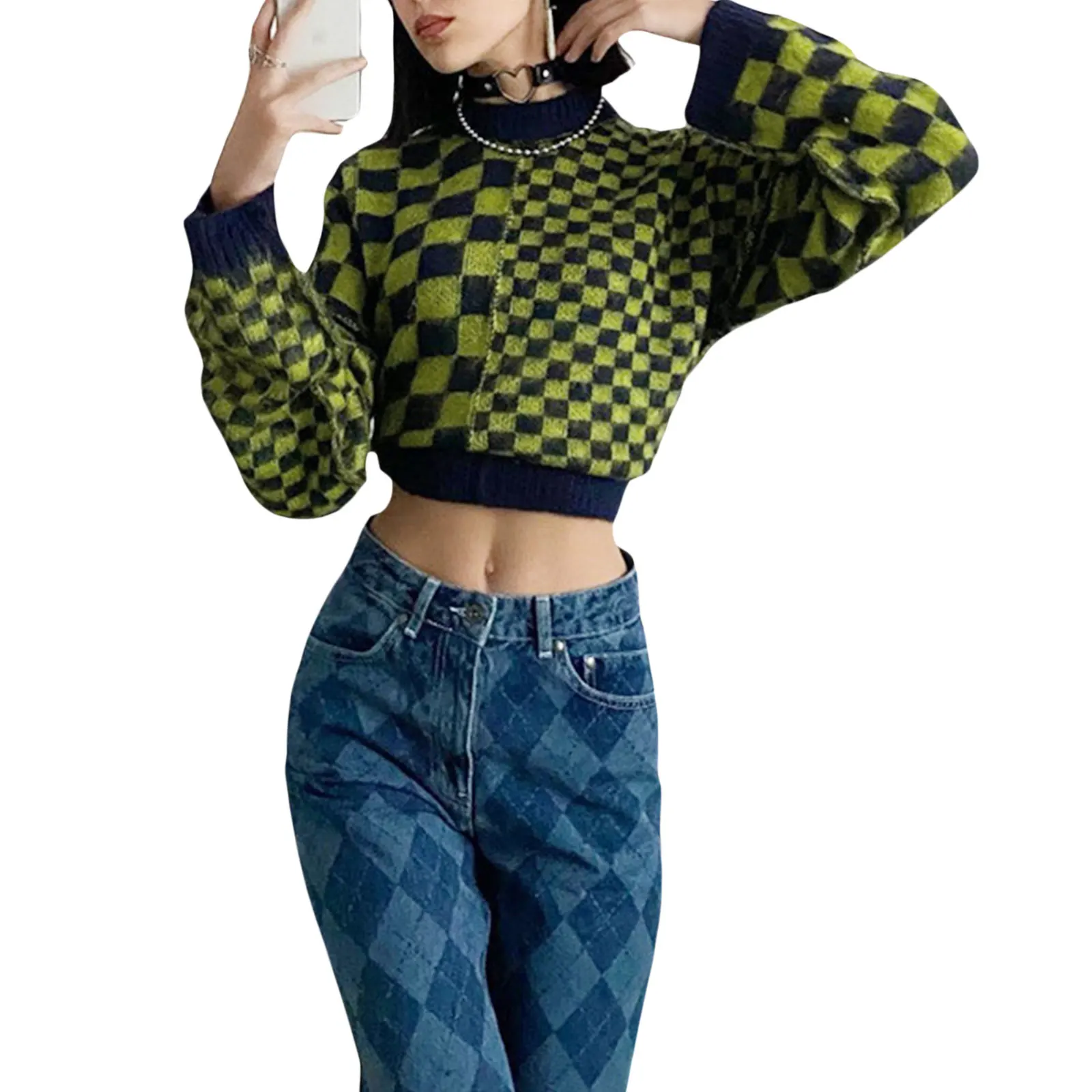 

Women Fashion Wild Cropped Sweater Checkerboard Plaid Print Round Neck Long Sleeve Pullovers Autumn Winter Loose Tops
