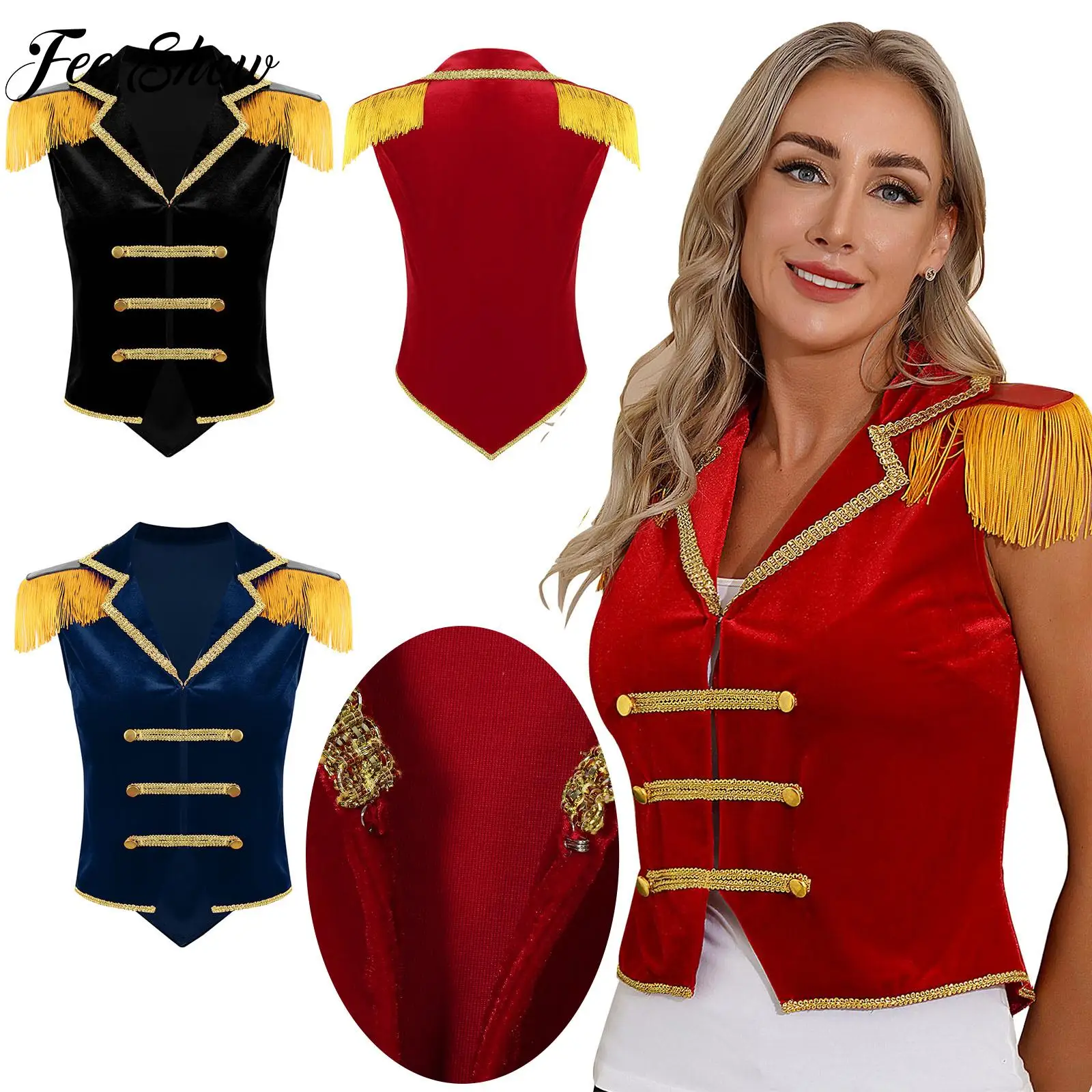 

Womens Circus Ringmaster Role Play Tops Halloween Cosplay Costume Lapel Tassels Velvet Waistcoat Irregular Hem Button Vest