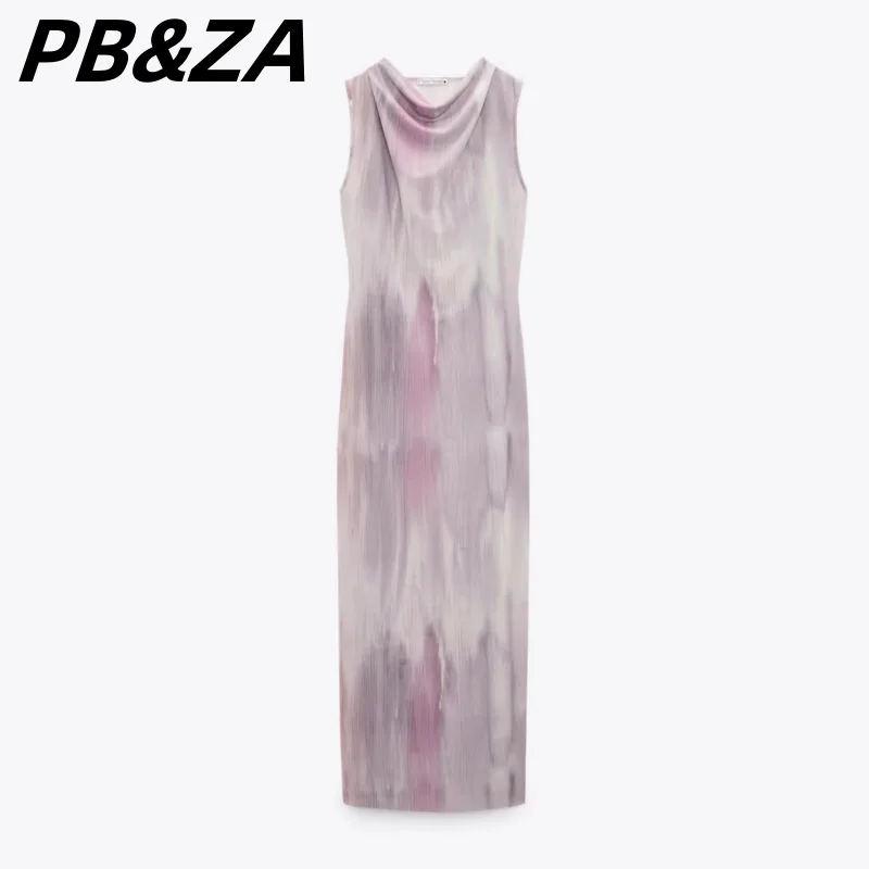 

PB&ZA 2023 new women's clothing sleeveless thin section translucent pleated mid-length bottoming printed tulle dress 5644021
