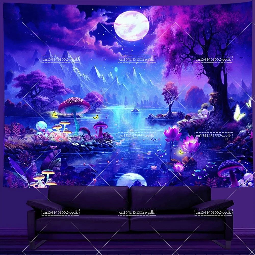 Неоновый гобелен в виде грибов бабочек черного света УФ-реактивный лес горы