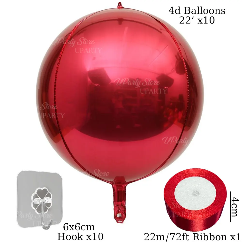 10 шт. 4D воздушные шары с лентой, 22 дюйма, круглые фольгированные красные подвесные шары для дня рождения, детского душа, свадьбы, рождественской вечеринки, украшения