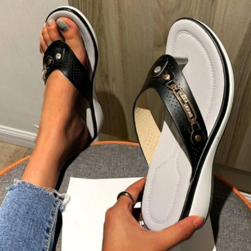 

Summer Women's Slippers 2022 Fashion Light Casual Metal Button Wedge Flip Flops Slides Socofy Plus Size Platform Beach Sandals