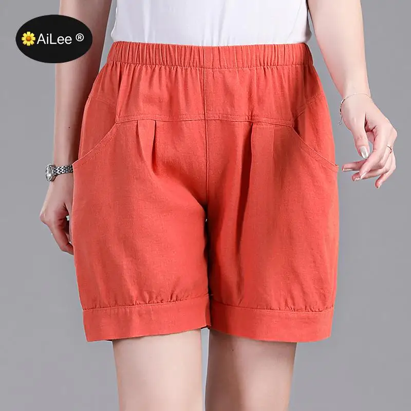 Yellow Vintage Loose Cotton Linen Woman Summer Bermuda Shorts Casual Elastic High Waist Soft Wide Leg Short Pants Retro Femme