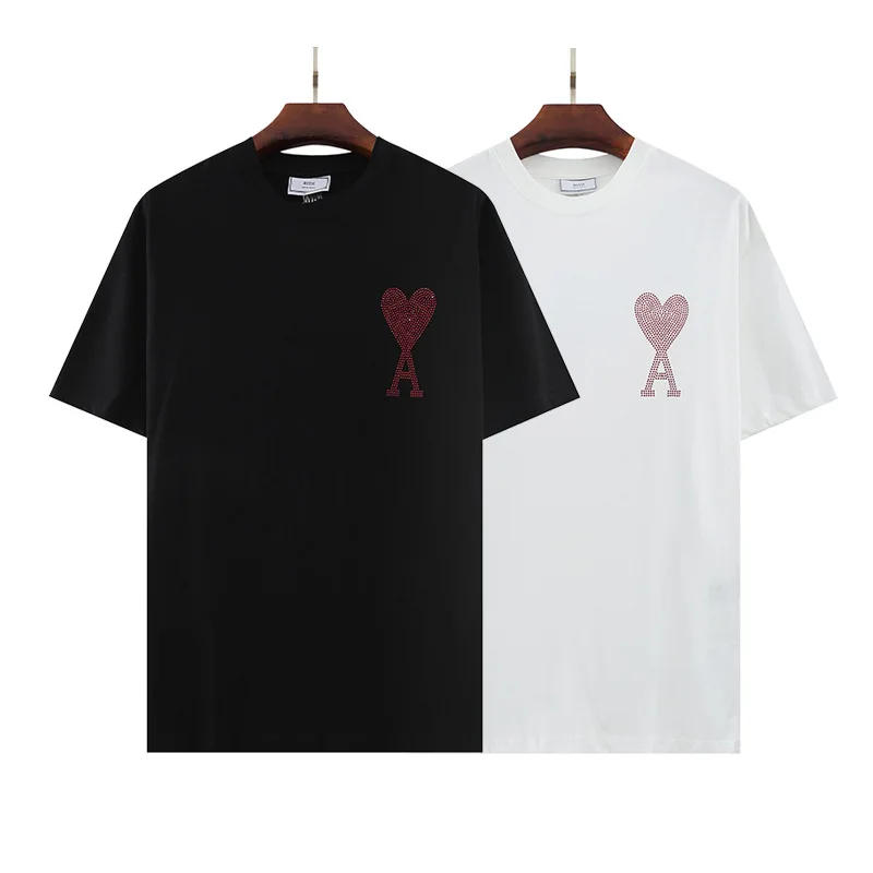 

2022 AMI New Peach Heart Diamond Logo Unisex Men Women Couple Style Fashion 100% Cotton Short sleeve O neck High Quality T-shirt