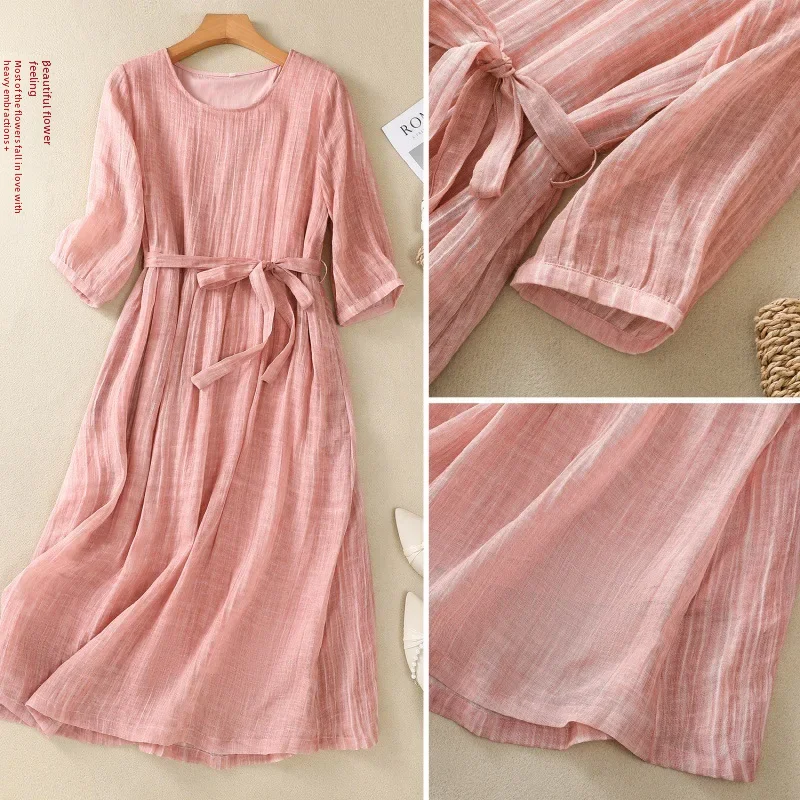 2024 хлопково-льняное художественное платье свободного покроя с круглым вырезом