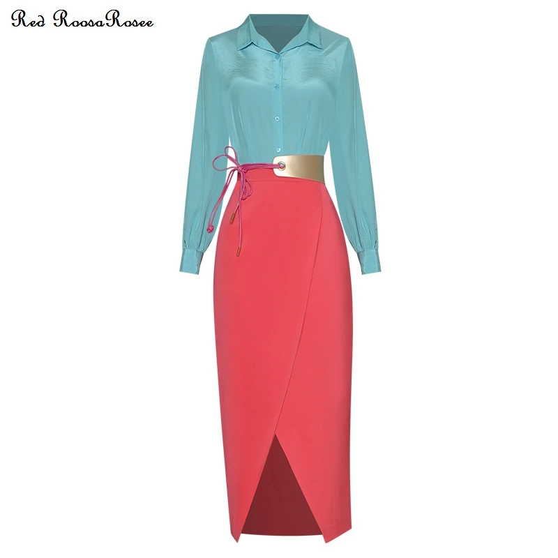 

Red RoosaRosee Fashion Spring Summer 2022 Women Turn-down Collar Long Sleeve Blouse Split Skirt Office Lady Twinset Suit Female