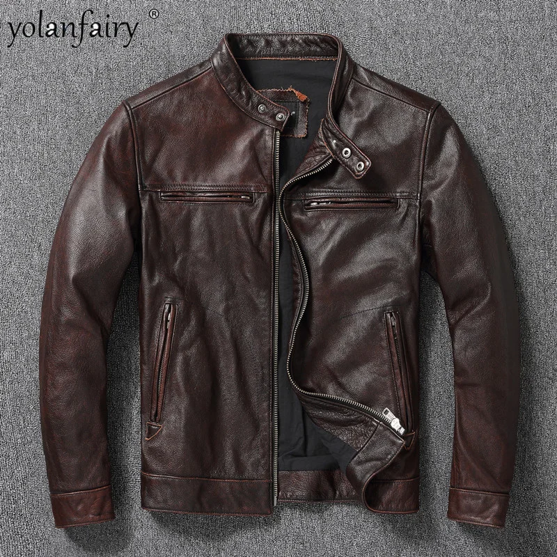 

2024 New Top Layer Cowhide Genuine Leather Men's Stone Milled Old Motorcycle Jacket Stand Collar Tide Chaquetas Hombre FC
