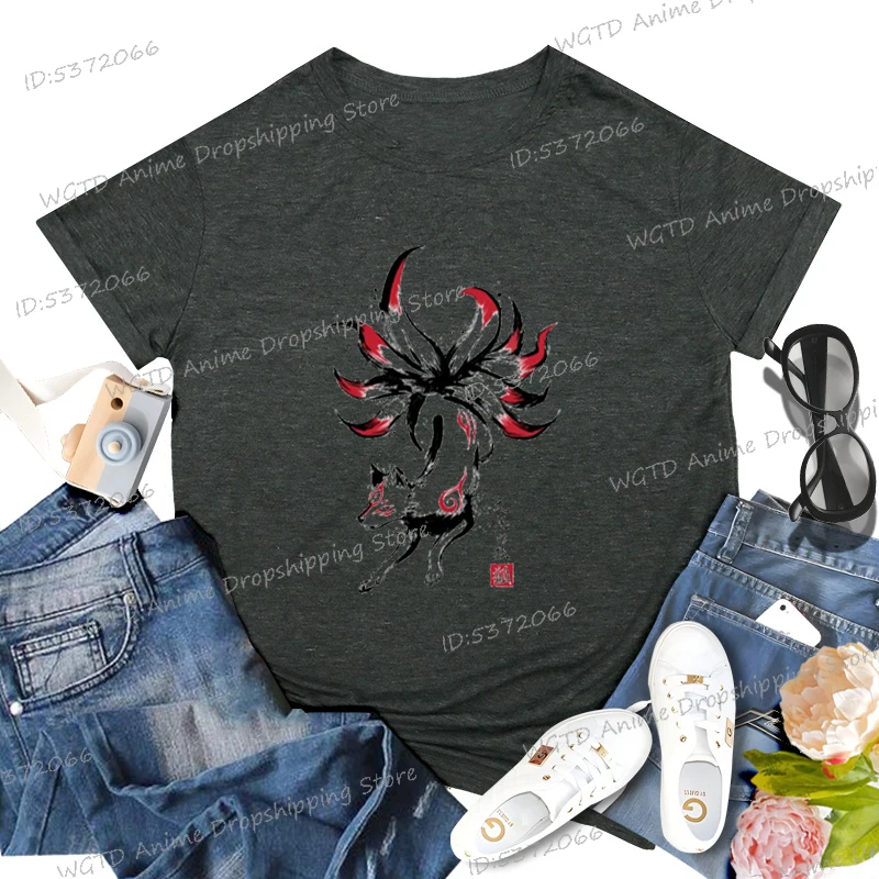 Nine-tailed Fox Classic Tops Harajuku Fashion T-shirt Women Kyubi No Kitsune Sumi Casual Top Womens Crew Neck T-shirts