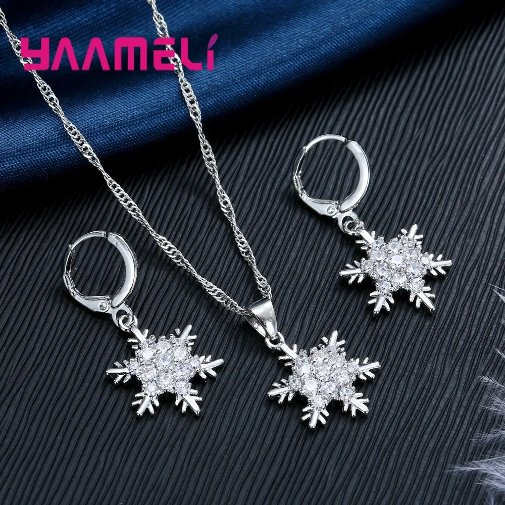 Женский Снежинка Huggie Earrngs ожерелье набор Настоящее серебро 925 пробы ювелирные