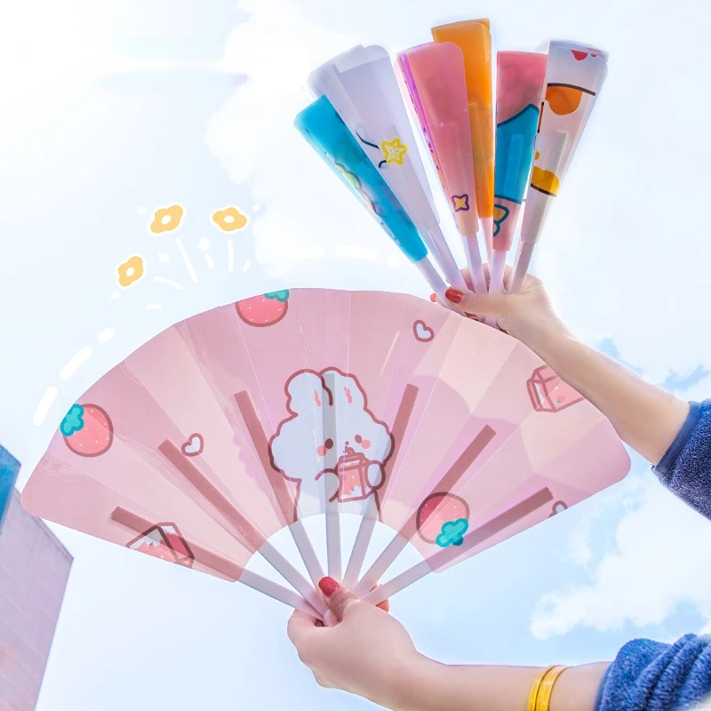 

Creative Summer Small Fresh and Cute Portable Folding Fan PP Plastic Gift Folding Fan Cartoon Hand Crank Cool Fan Custom