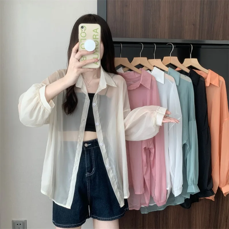 

Summer 2022 new loose thin air conditioning Shirt Top Long Sleeved Shirt cardigan high sense sunscreen Jacket Women's wear