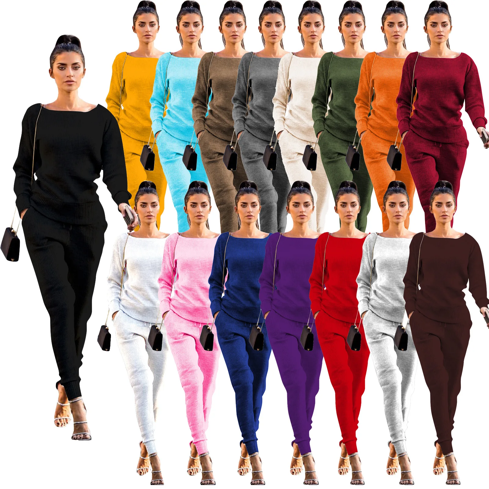 

2021 Autumn European And American Ladies Casual Home Outdoor Commuting Temperament Solid Color Trousers Sweater Two-Piece Suit