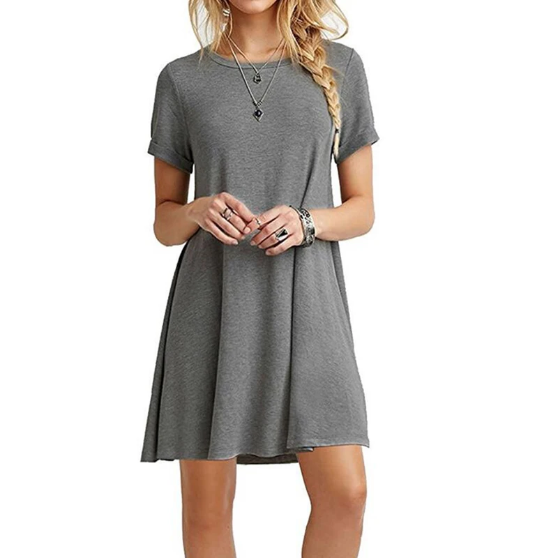 

Summer Women O Neck Short Sleeve Short Dress Ladies OL Vintage Party Solid Casual Loose Dresses Vestidos Female Plus Size