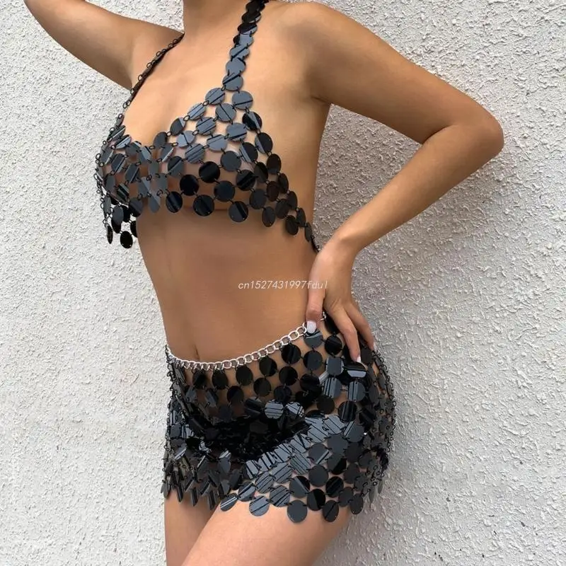 

Women Sexy Crop Top Bikini Hollow Out Shirt Sleeveless Bikini Sequins Club Cover Up Body Chain Accessory Sequins Bikini