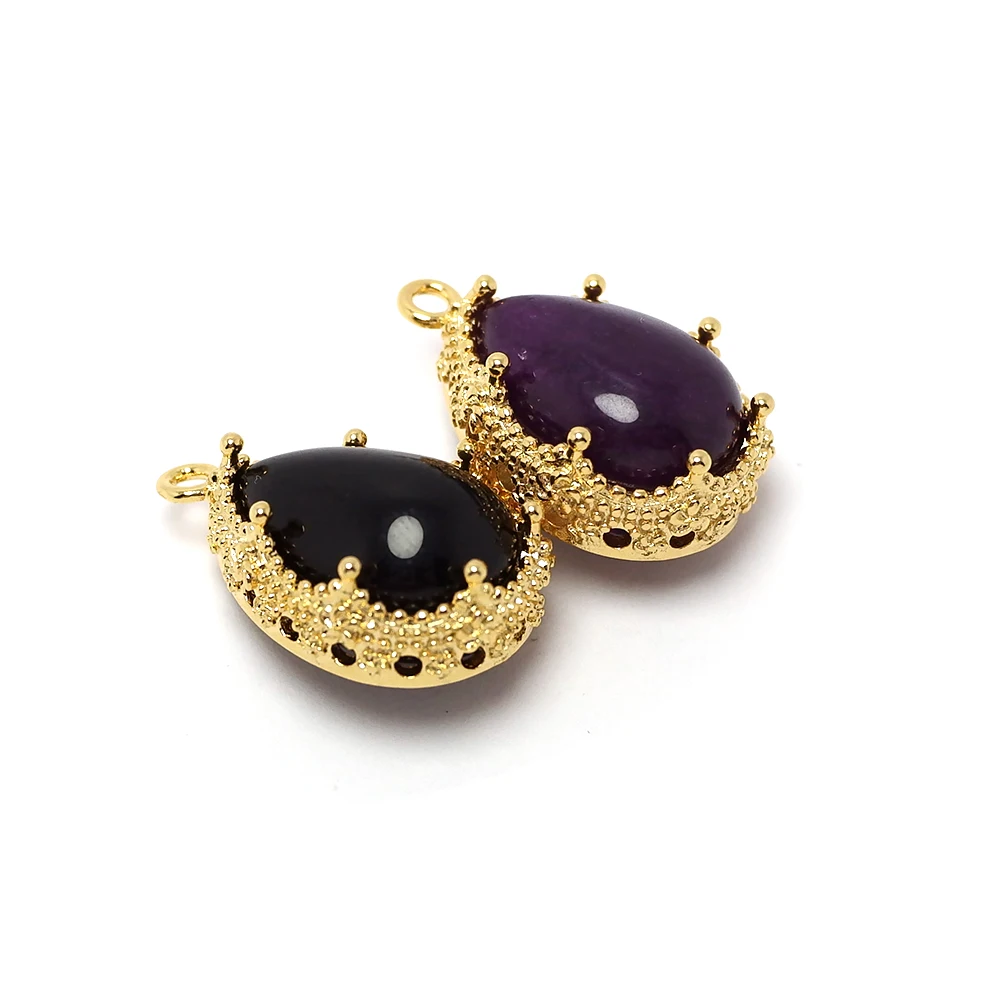 

2pcs Purple Crown Charms,24K Gold Plated Brass Pendant,Two Sided Black Teardrop Gemstone Charms,Necklace Making Accessories