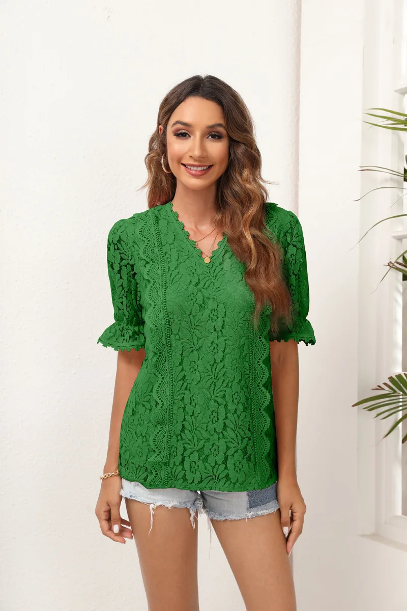 

Fashion Woman Blouse 2022 European American New Lace Shirt Women Solid Color V-neck Hollow Lace Sexy Knitted Top Female Clothing